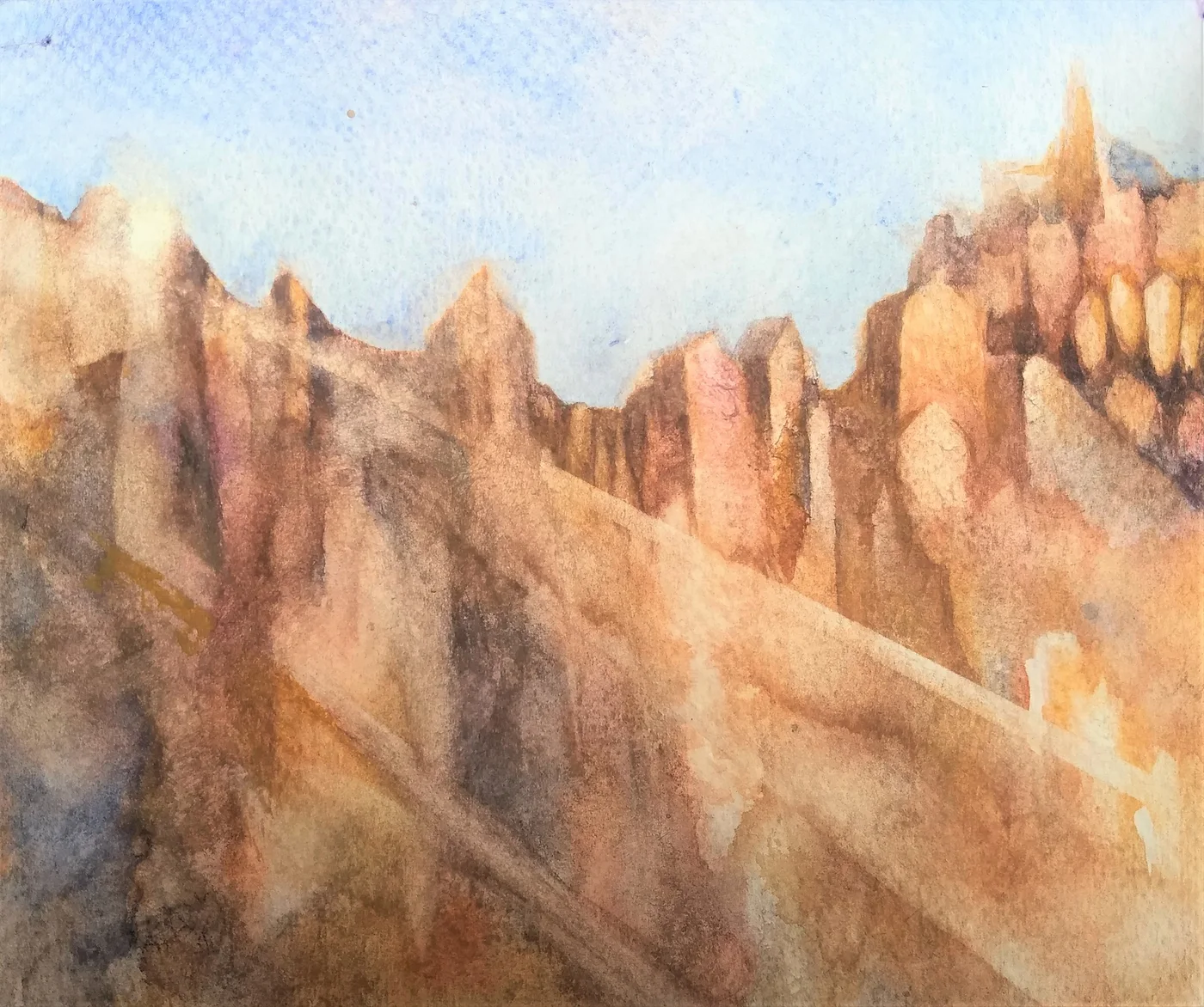Skyline Village with Rays — Watercolor on Arches #140